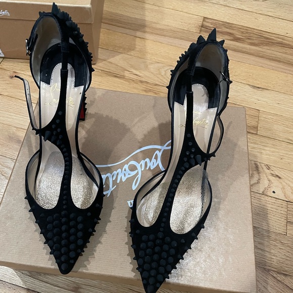 GOLDOSTRAP 100 VEAU/VELOURS Christian Louboutin EU 39.5 black spiked heels - Picture 8 of 8